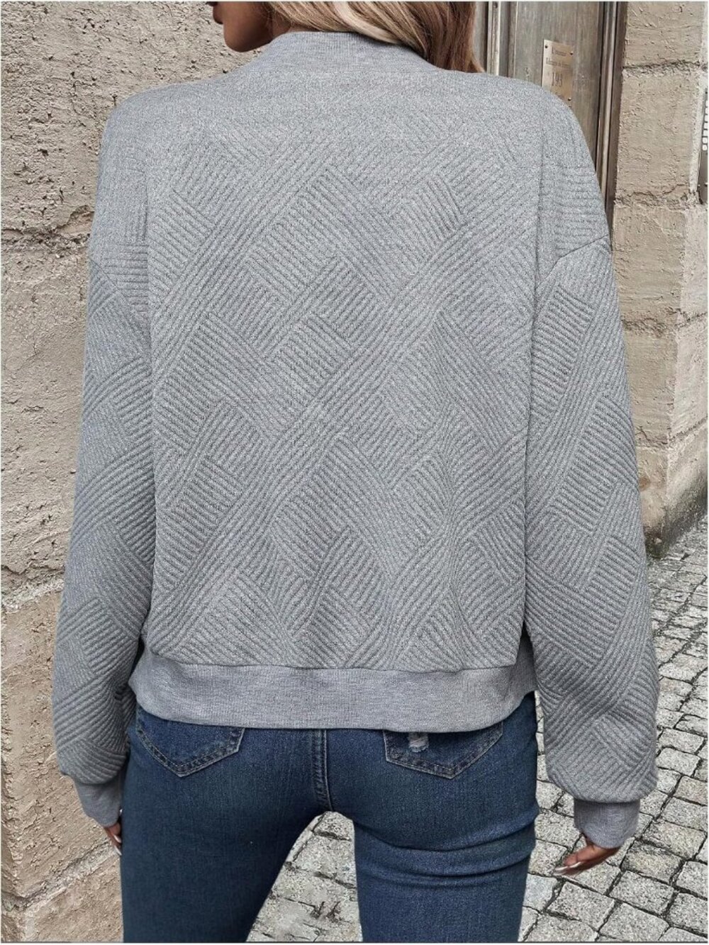 Women's Grey Ribbed Cuffs Long Sleeve Aviator Baseball Neckline Bomber Jacket - Picture 2 of 5